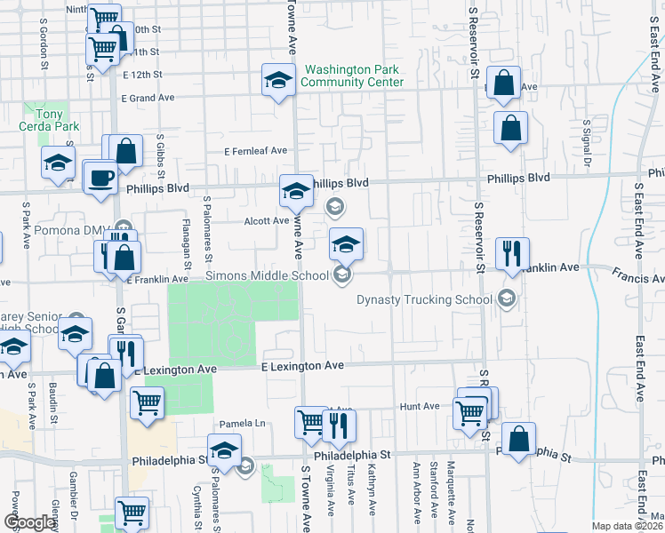map of restaurants, bars, coffee shops, grocery stores, and more near 835 East Franklin Avenue in Pomona