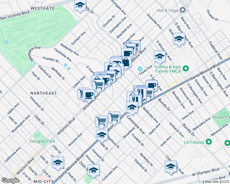 map of restaurants, bars, coffee shops, grocery stores, and more near 12323 Texas Avenue in Los Angeles