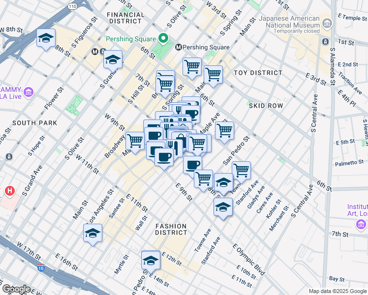 map of restaurants, bars, coffee shops, grocery stores, and more near 315 East 8th Street in Los Angeles