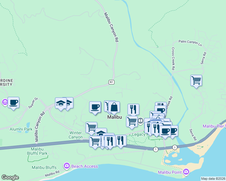 map of restaurants, bars, coffee shops, grocery stores, and more near 3207 Colony View Circle in Malibu