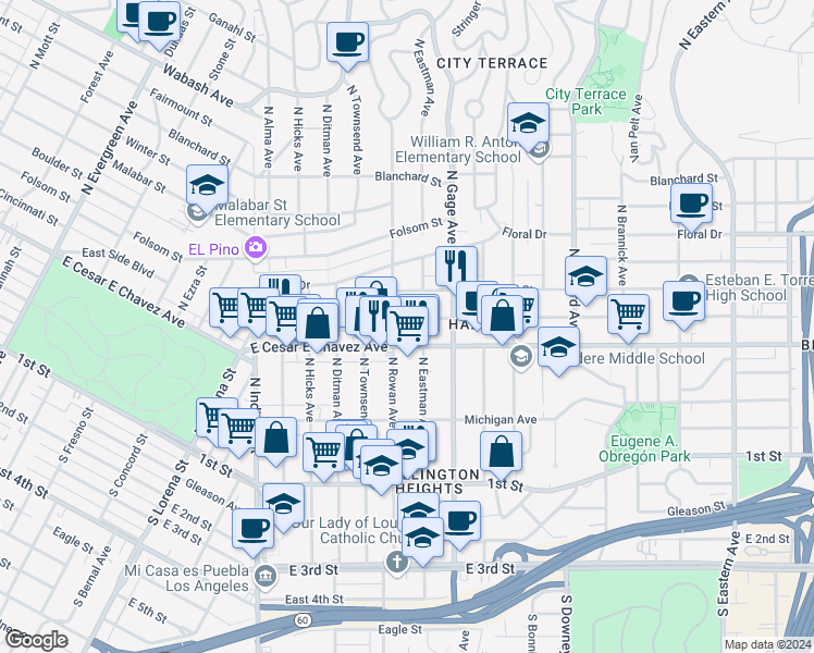 map of restaurants, bars, coffee shops, grocery stores, and more near 3716 Dozier Street in Los Angeles