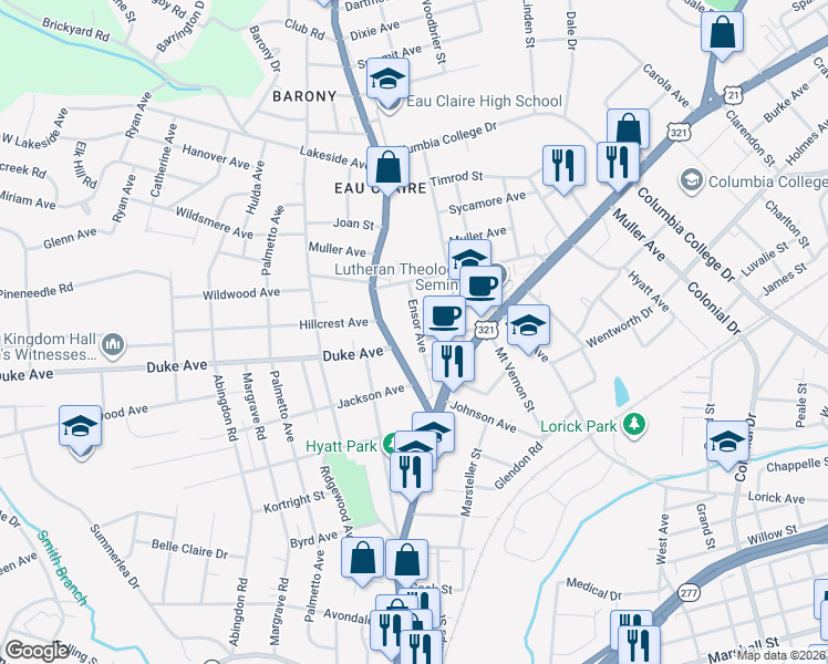 map of restaurants, bars, coffee shops, grocery stores, and more near 4017 Ensor Avenue in Columbia
