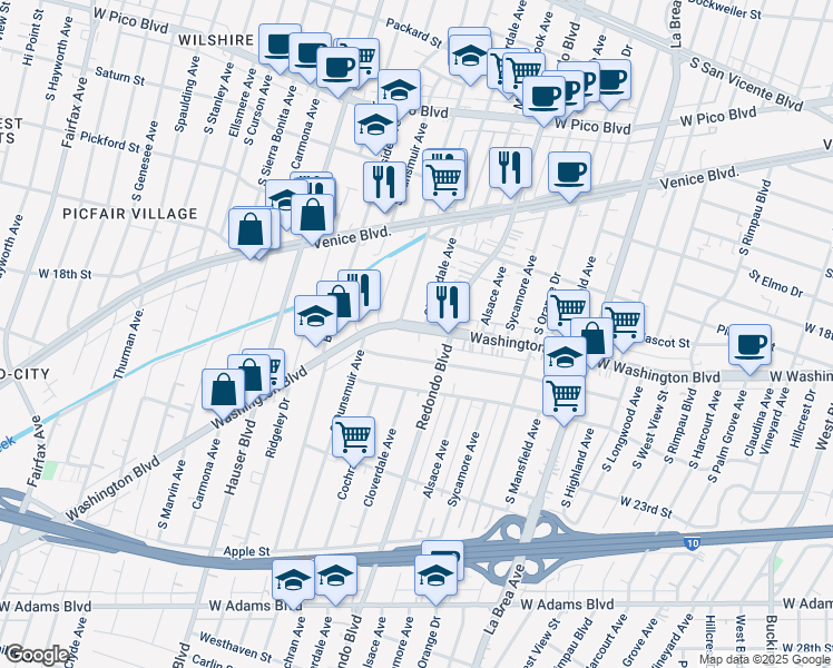 map of restaurants, bars, coffee shops, grocery stores, and more near 5218 Washington Boulevard in Los Angeles