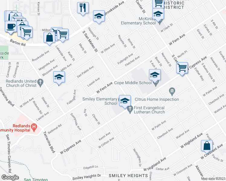 map of restaurants, bars, coffee shops, grocery stores, and more near 412 Robinhood Lane in Redlands
