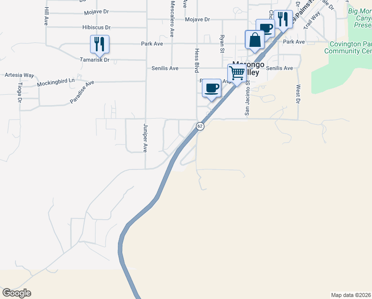 map of restaurants, bars, coffee shops, grocery stores, and more near 49468 Conejo Road in Morongo Valley
