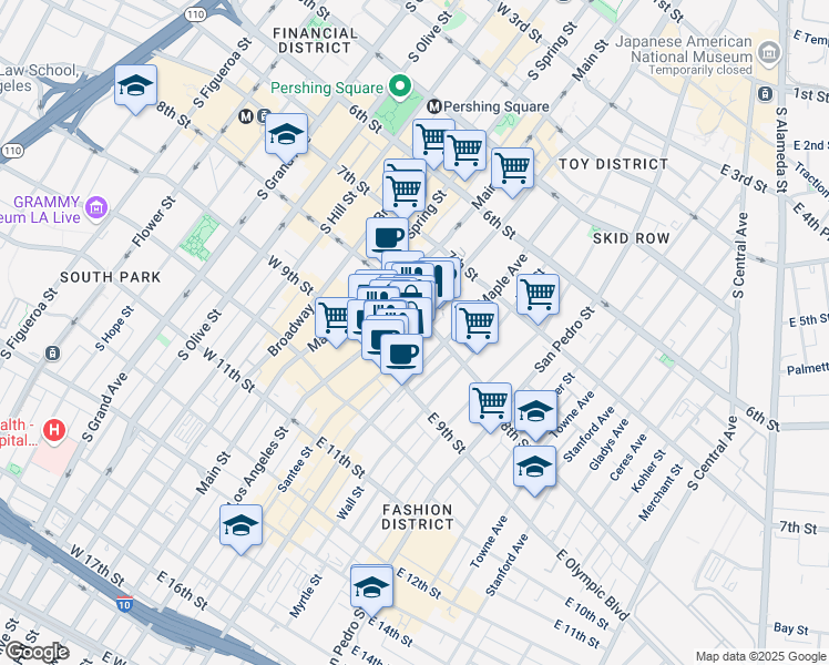 map of restaurants, bars, coffee shops, grocery stores, and more near 819 South Santee Street in Los Angeles