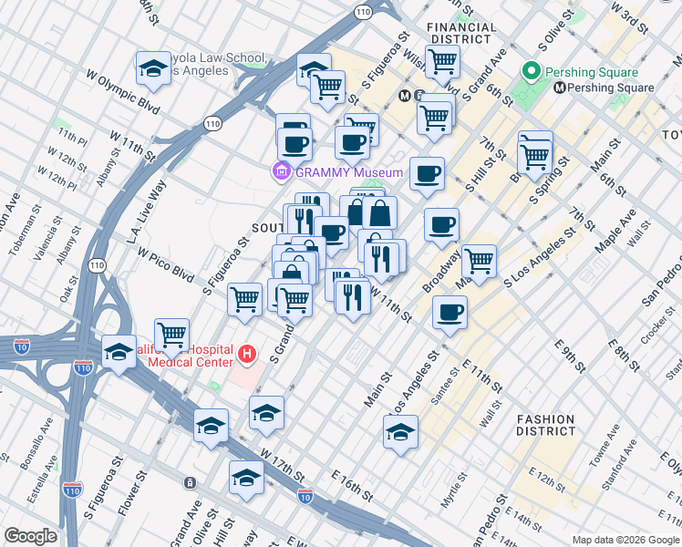 map of restaurants, bars, coffee shops, grocery stores, and more near 1105 South Olive Street in Los Angeles