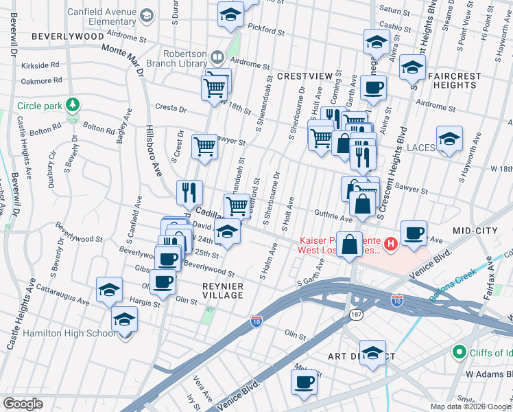 map of restaurants, bars, coffee shops, grocery stores, and more near 2012 South Bedford Street in Los Angeles