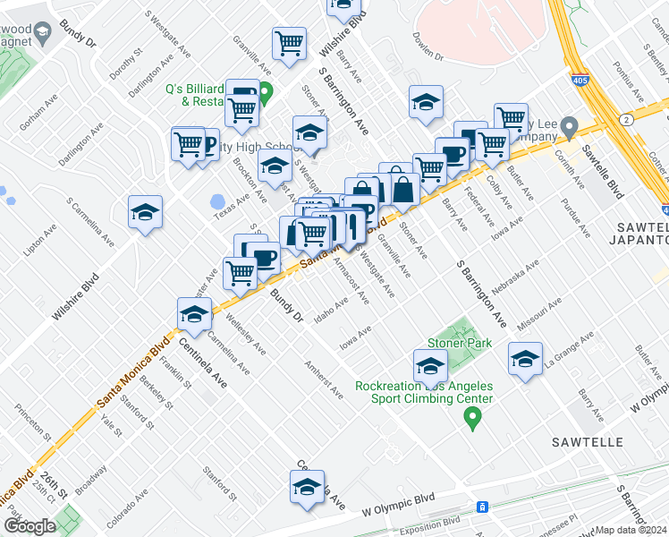 map of restaurants, bars, coffee shops, grocery stores, and more near 1530 Armacost Avenue in Los Angeles