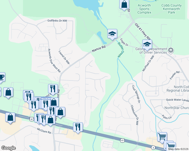 map of restaurants, bars, coffee shops, grocery stores, and more near 379 Darter Run Northwest in Kennesaw