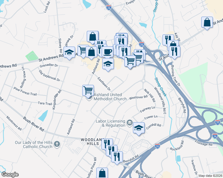 map of restaurants, bars, coffee shops, grocery stores, and more near 701 Vintage Lane in Columbia