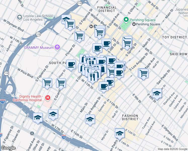 map of restaurants, bars, coffee shops, grocery stores, and more near 230 West Olympic Boulevard in Los Angeles