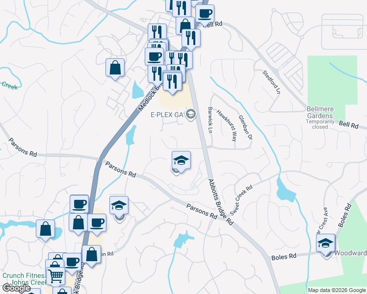 map of restaurants, bars, coffee shops, grocery stores, and more near 250 Abbotts Mill Drive in Duluth