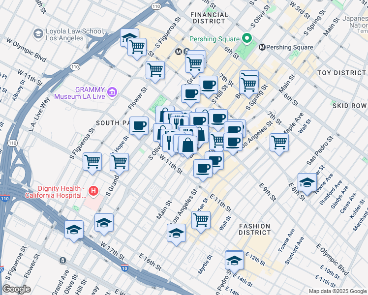 map of restaurants, bars, coffee shops, grocery stores, and more near 230 West Olympic Boulevard in Los Angeles