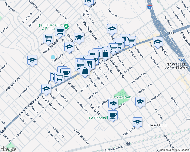 map of restaurants, bars, coffee shops, grocery stores, and more near 1537 South Westgate Avenue in Los Angeles