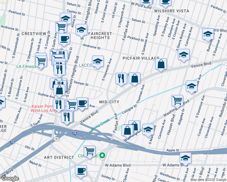 map of restaurants, bars, coffee shops, grocery stores, and more near 1871 South Orange Grove Avenue in Los Angeles
