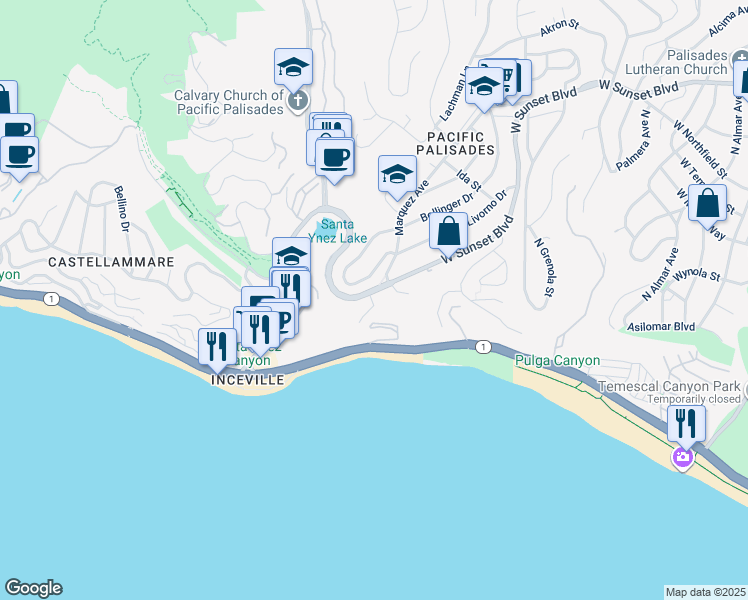 map of restaurants, bars, coffee shops, grocery stores, and more near 16990 Sunset Boulevard in Los Angeles