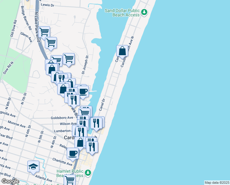 map of restaurants, bars, coffee shops, grocery stores, and more near 608 Carolina Beach Avenue North in Carolina Beach