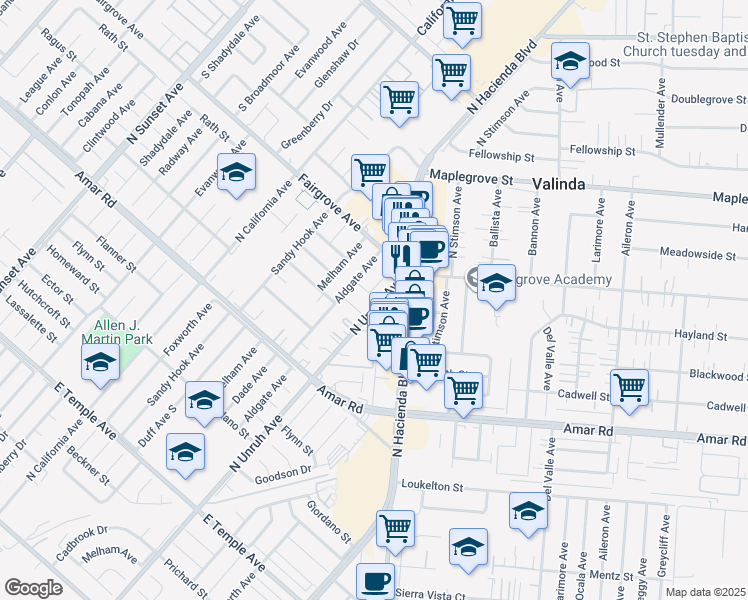 map of restaurants, bars, coffee shops, grocery stores, and more near 1126 Egan Avenue in La Puente