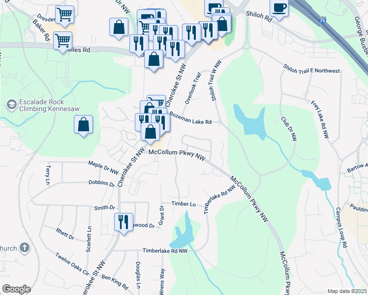 map of restaurants, bars, coffee shops, grocery stores, and more near 3030 Sand Wedge Circle in Kennesaw