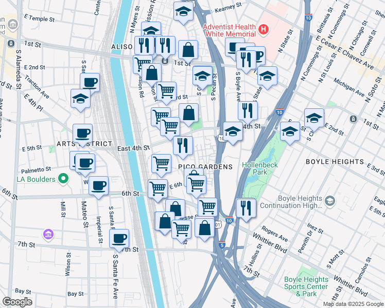 map of restaurants, bars, coffee shops, grocery stores, and more near 449 South Clarence Street in Los Angeles