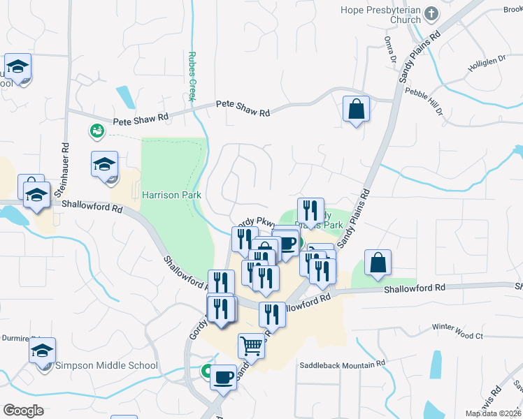 map of restaurants, bars, coffee shops, grocery stores, and more near 3905 Upland Way in Marietta
