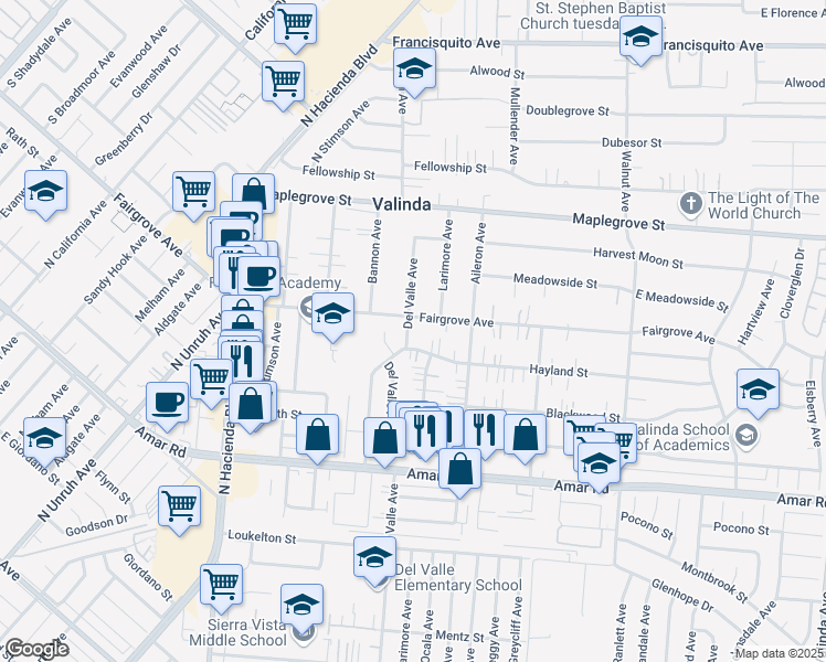 map of restaurants, bars, coffee shops, grocery stores, and more near 1176 Del Valle Avenue in La Puente