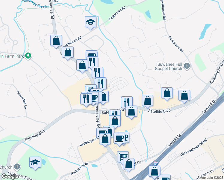 map of restaurants, bars, coffee shops, grocery stores, and more near 336 Gilliflower Park in Suwanee