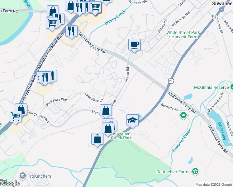 map of restaurants, bars, coffee shops, grocery stores, and more near 1105 Scales Road in Suwanee