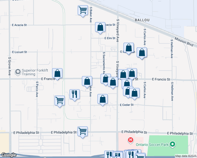 map of restaurants, bars, coffee shops, grocery stores, and more near 1736 East Francis Street in Ontario