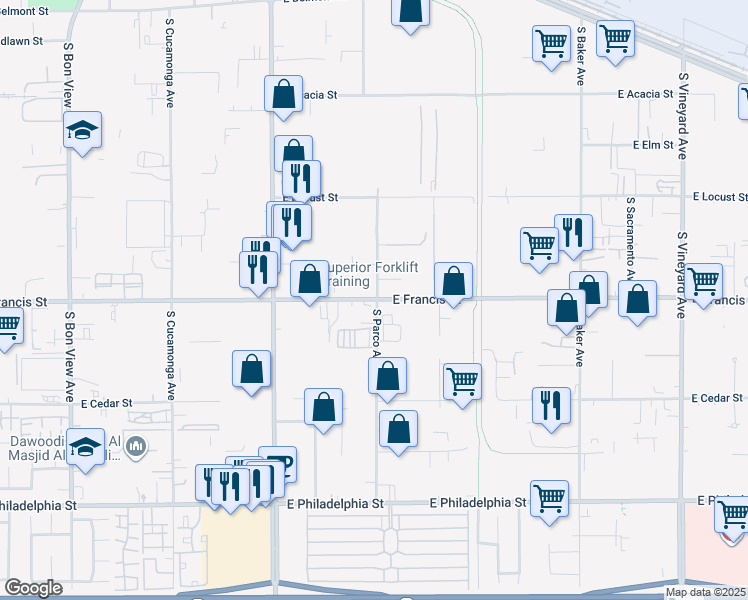 map of restaurants, bars, coffee shops, grocery stores, and more near 1408 East Francis Street in Ontario