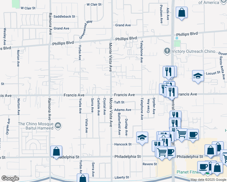 map of restaurants, bars, coffee shops, grocery stores, and more near 4936 Francis Avenue in Chino