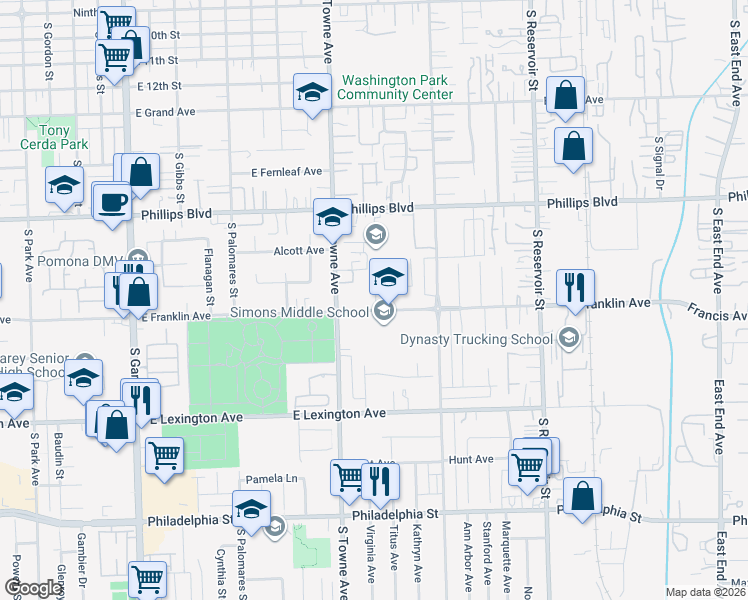 map of restaurants, bars, coffee shops, grocery stores, and more near 835 East Franklin Avenue in Pomona