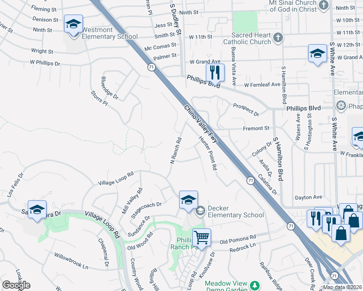 map of restaurants, bars, coffee shops, grocery stores, and more near 17 Trail Ridge Circle in Pomona