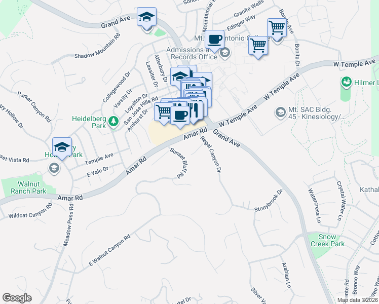 map of restaurants, bars, coffee shops, grocery stores, and more near 20804 Regency Court in Walnut