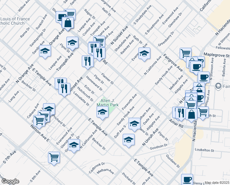map of restaurants, bars, coffee shops, grocery stores, and more near 774 Glenshaw Drive in La Puente