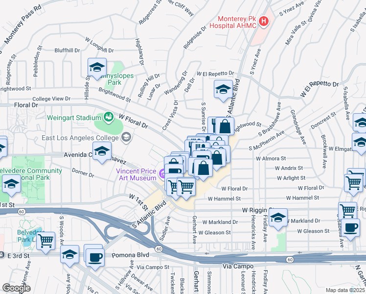 map of restaurants, bars, coffee shops, grocery stores, and more near 1030 College View Drive in Monterey Park