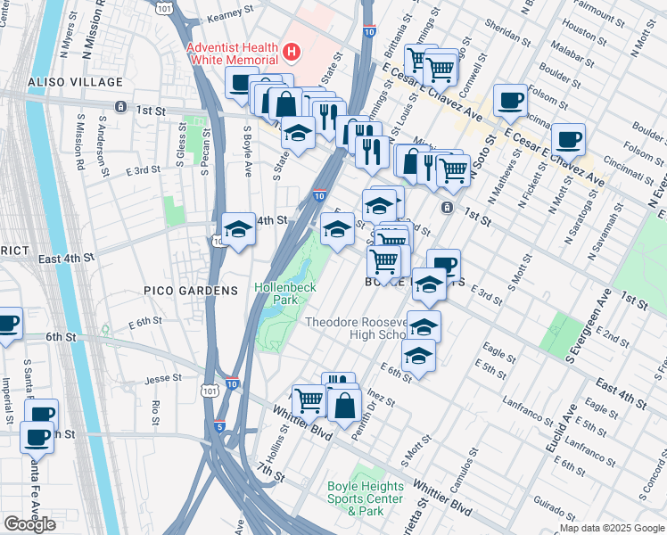 map of restaurants, bars, coffee shops, grocery stores, and more near 431 South Chicago Street in Los Angeles