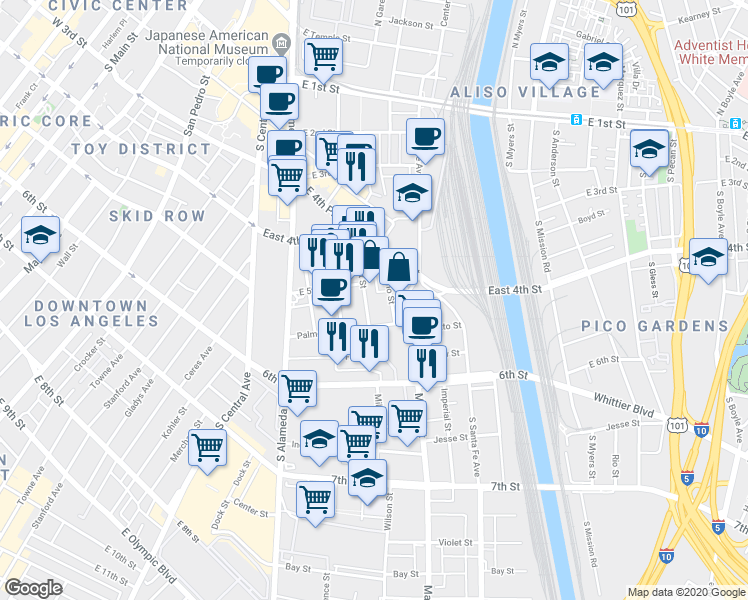 map of restaurants, bars, coffee shops, grocery stores, and more near 530 South Hewitt Street in Los Angeles