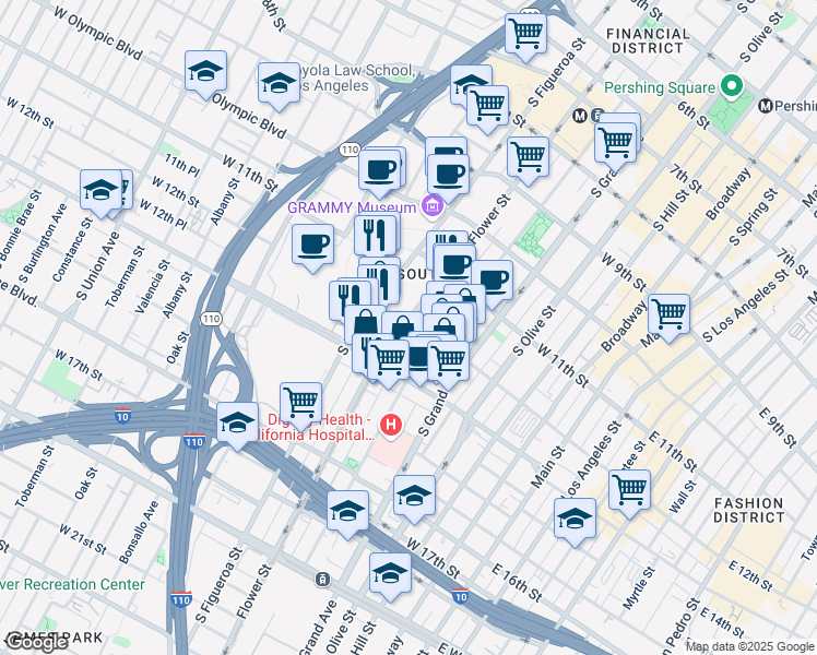 map of restaurants, bars, coffee shops, grocery stores, and more near 1200 South Figueroa Street in Los Angeles