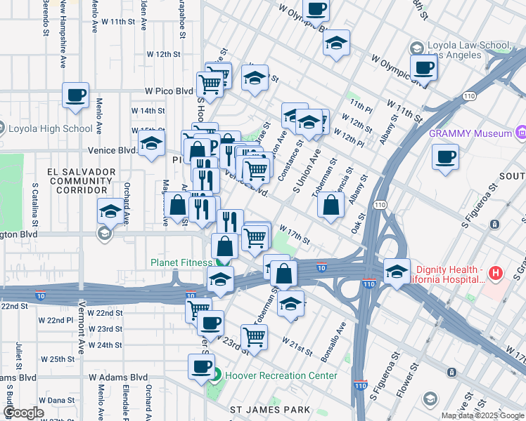 map of restaurants, bars, coffee shops, grocery stores, and more near 1134 West 17th Street in Los Angeles