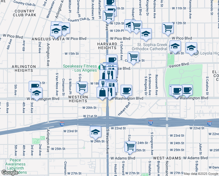 map of restaurants, bars, coffee shops, grocery stores, and more near 1819 South Oxford Avenue in Los Angeles