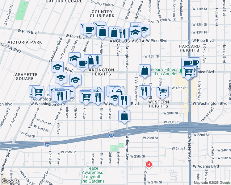 map of restaurants, bars, coffee shops, grocery stores, and more near 3223 West 18th Street in Los Angeles