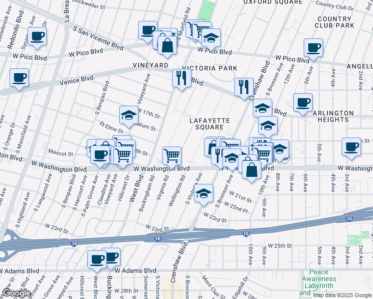 map of restaurants, bars, coffee shops, grocery stores, and more near 1831 Wellington Road in Los Angeles
