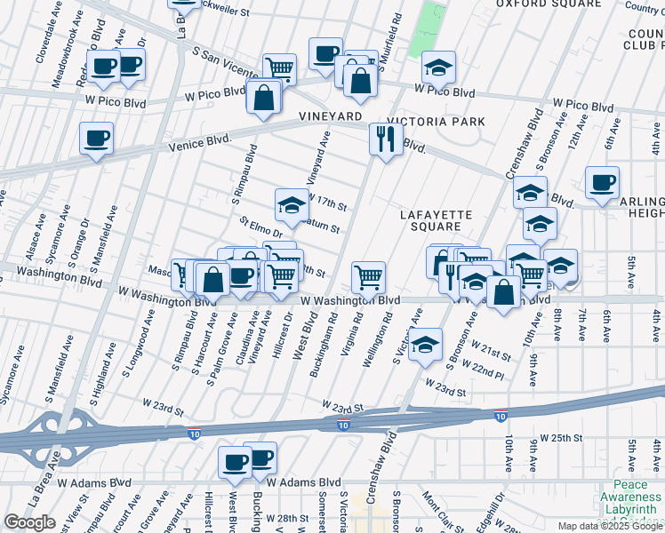 map of restaurants, bars, coffee shops, grocery stores, and more near 1750 West Boulevard in Los Angeles