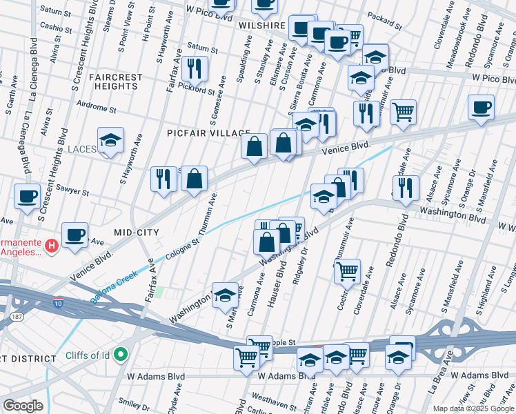 map of restaurants, bars, coffee shops, grocery stores, and more near 1800 South Marvin Avenue in Los Angeles