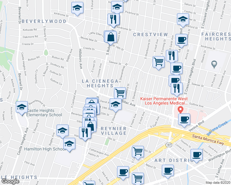 map of restaurants, bars, coffee shops, grocery stores, and more near 8939 Cadillac Avenue in Los Angeles