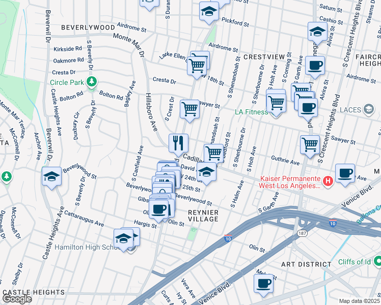 map of restaurants, bars, coffee shops, grocery stores, and more near 8939 Cadillac Avenue in Los Angeles