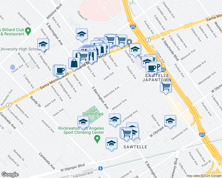 map of restaurants, bars, coffee shops, grocery stores, and more near 1740 Barry Avenue in Los Angeles