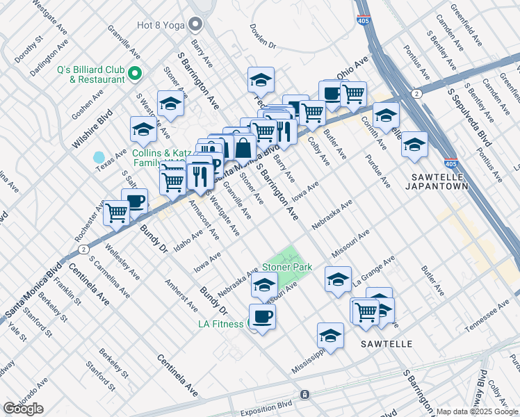 map of restaurants, bars, coffee shops, grocery stores, and more near 1644 Stoner Avenue in Los Angeles